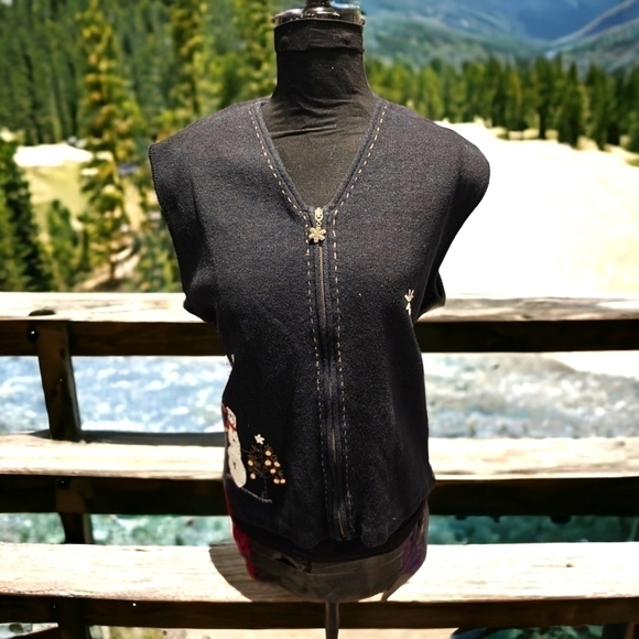 Vintage Woolrich Winter Snowman Applique zip front Vest Black Vest sz XL - Picture 3 of 12